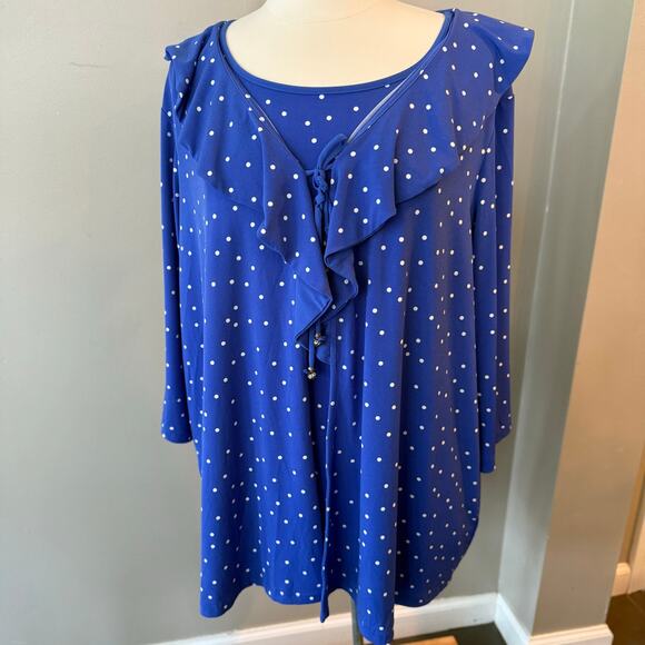 Susan Graver Tops - Susan Graver Liquid Knit Set Tie Cardigan Tank Blue Polka Dot 3X Drapey Feminine